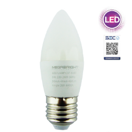 Ampolleta Vela LED 5Watt=50Watt, E27, Luz Fria, Megabright.