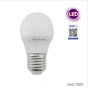 Ampolleta LED 5Watt E-27, Bola G45 Luz Calida, Megabright. En Caja.