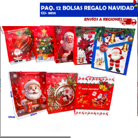 PAQ. 12 Bolsas Regalo Navidad 8038 Diseños Surtido